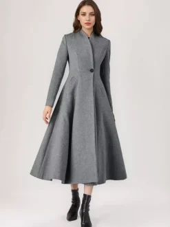 Manteau évasé en mélange de laine pour femme un bouton gris coupe trapèze vêtement d'extérieur mi-long d'hiver 2026