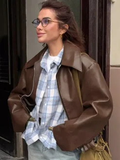Manteau ample oversize en similicuir col rabattu ourlet élastique style motard décontracté