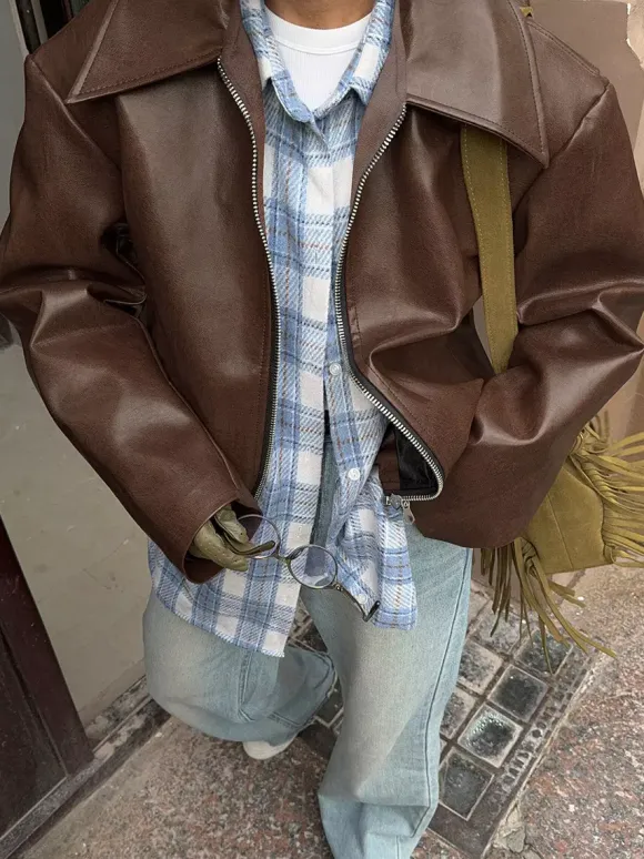 Manteau ample oversize en similicuir col rabattu ourlet élastique style motard décontracté