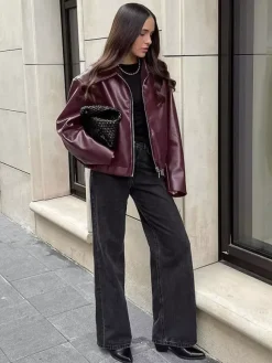 Manteau ample oversize en similicuir col rabattu ourlet élastique style motard décontracté