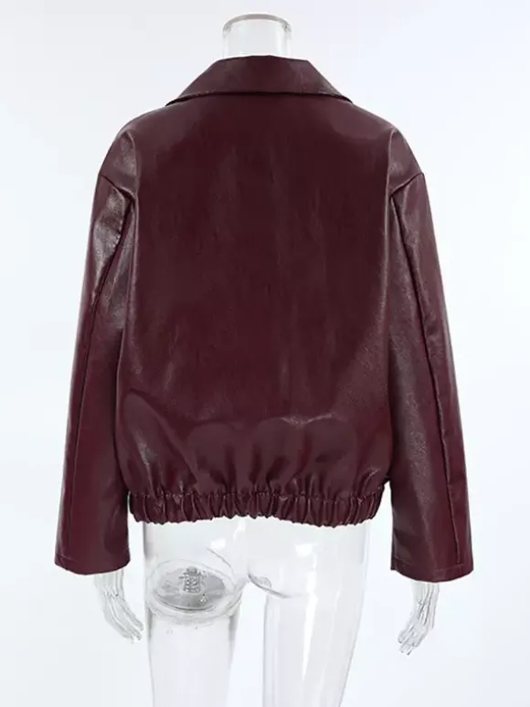 Manteau ample oversize en similicuir col rabattu ourlet élastique style motard décontracté