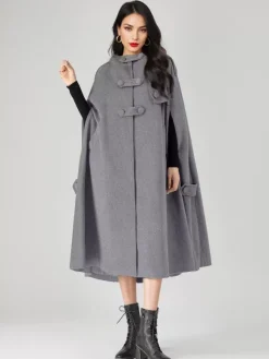Manteau cape en mélange de laine pour femme à capuche gris surdimensionné long poncho vêtements d'extérieur 2026