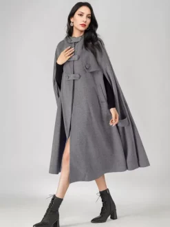 Manteau cape en mélange de laine pour femme à capuche gris surdimensionné long poncho vêtements d'extérieur 2026