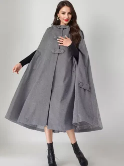 Manteau cape en mélange de laine pour femme à capuche gris surdimensionné long poncho vêtements d'extérieur 2026