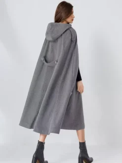 Manteau cape en mélange de laine pour femme à capuche gris surdimensionné long poncho vêtements d'extérieur 2026