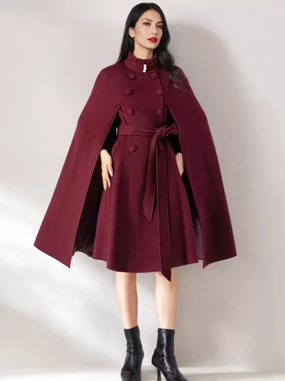 Manteau cape en mélange de laine pour femme col montant poncho surdimensionné avec ceinture bleu marine foncé vêtements d'extérieur 2026