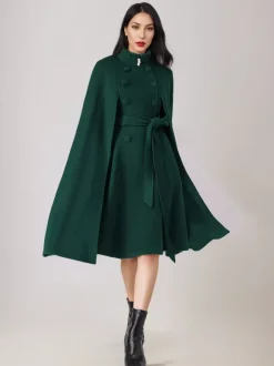 Manteau cape en mélange de laine pour femme col montant poncho surdimensionné avec ceinture bleu marine foncé vêtements d'extérieur 2026