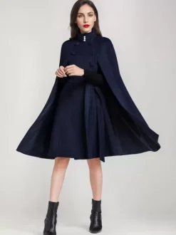 Manteau cape en mélange de laine pour femme col montant poncho surdimensionné avec ceinture bleu marine foncé vêtements d'extérieur 2026