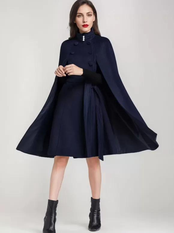 Manteau cape en mélange de laine pour femme col montant poncho surdimensionné avec ceinture bleu marine foncé vêtements d'extérieur 2026