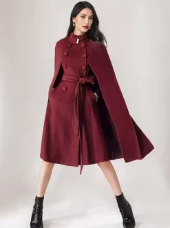 Manteau cape en mélange de laine pour femme col montant poncho surdimensionné avec ceinture bleu marine foncé vêtements d'extérieur 2026