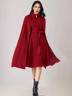 Manteau cape en mélange de laine pour femme col montant poncho surdimensionné avec ceinture bleu marine foncé vêtements d'extérieur 2026