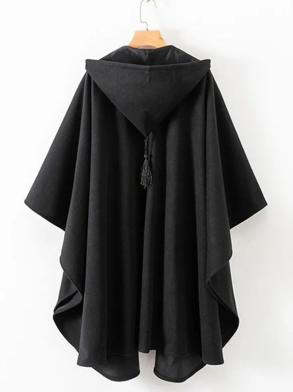 Manteau Cape Femme Hiver avec Capuche à Lacets Réglable avec Franges Unicolore Manteau Hiver Femme Manteau Cape Femme