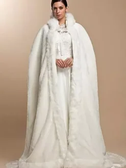 Manteau Cape Longs Femme en Fousse Fourrure Synthétique à Capuche à Lacets Poncho Hiver Unicolore
