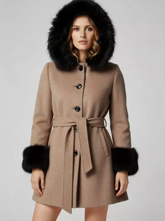 Manteau à capuche ceinturé en laine mélangée avec poignets en fausse fourrure noire pour femme 2026