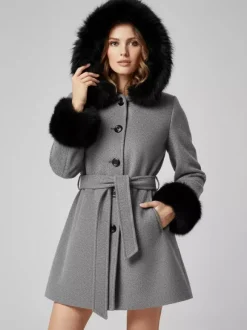 Manteau à capuche ceinturé en laine mélangée avec poignets en fausse fourrure noire pour femme 2026