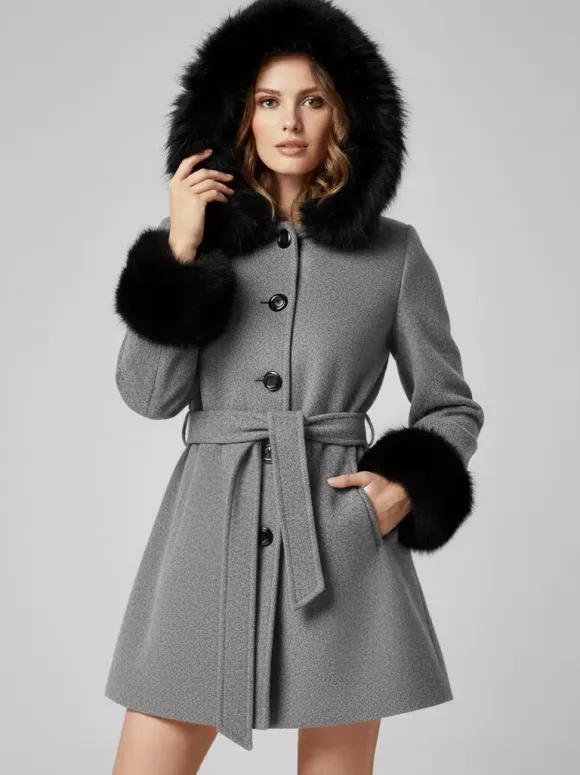 Manteau à capuche ceinturé en laine mélangée avec poignets en fausse fourrure noire pour femme 2026