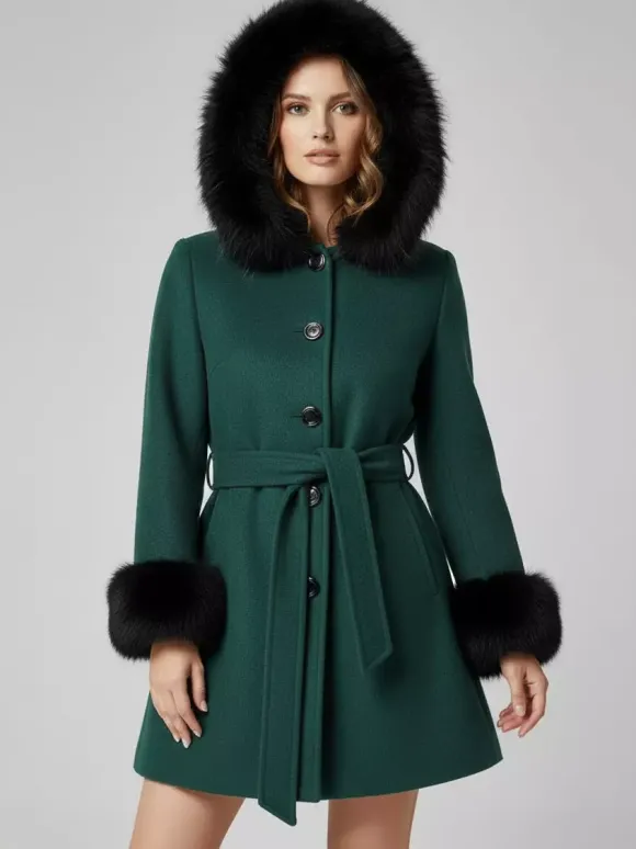 Manteau à capuche ceinturé en laine mélangée avec poignets en fausse fourrure noire pour femme 2026