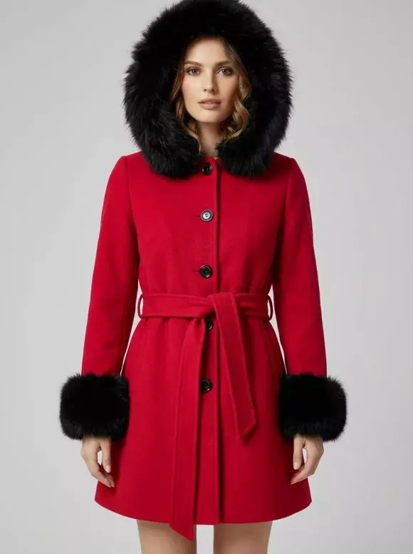 Manteau à capuche ceinturé en laine mélangée avec poignets en fausse fourrure noire pour femme 2026