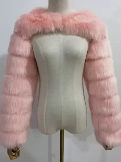 Manteau court blanc écologique à manches longues en fausse fourrure pour femmes 2026