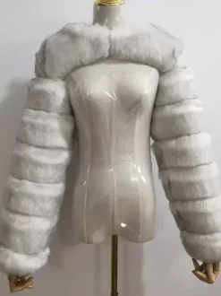 Manteau court blanc écologique à manches longues en fausse fourrure pour femmes 2026
