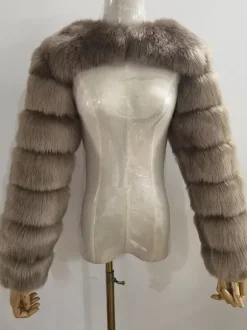 Manteau court blanc écologique à manches longues en fausse fourrure pour femmes 2026