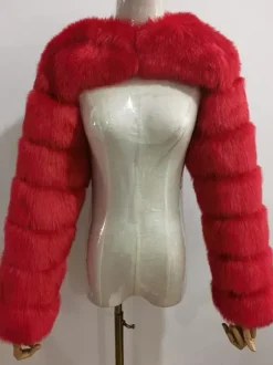 Manteau court blanc écologique à manches longues en fausse fourrure pour femmes 2026