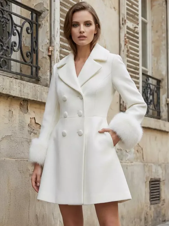 Manteau croisé blanc en laine mélangée à larges revers et poignets en fausse fourrure collection femme 2026