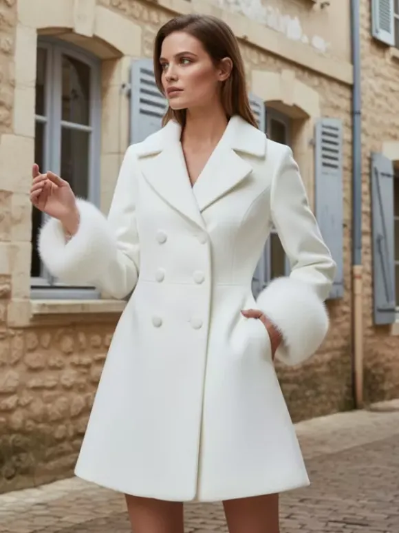 Manteau croisé blanc en laine mélangée à larges revers et poignets en fausse fourrure collection femme 2026