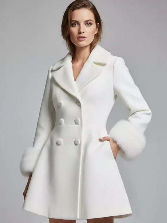 Manteau croisé blanc en laine mélangée à larges revers et poignets en fausse fourrure collection femme 2026