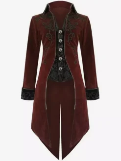 Manteau de blazer rétro gothique en smoking de style vintage hommes col montant et style Aristocrate Déguisements Halloween Bourgogne