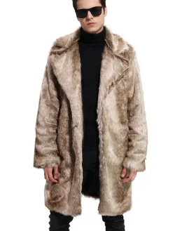 Manteau de Fausse Fourrure 2026 Marron Léger Casual Manteau Bicolore Motif Col Notch Manteau d'Hiver Homme