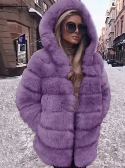 Manteau en fausse fourrure avec capuche Veste mi-longue décontractée d'hiver pour femme 2026