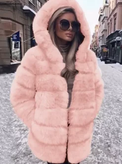 Manteau en fausse fourrure avec capuche Veste mi-longue décontractée d'hiver pour femme 2026