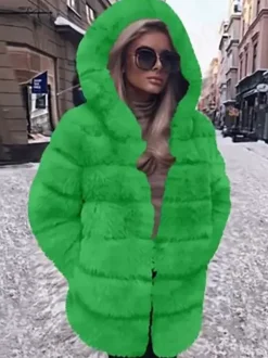 Manteau en fausse fourrure avec capuche Veste mi-longue décontractée d'hiver pour femme 2026