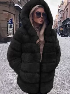 Manteau en fausse fourrure avec capuche Veste mi-longue décontractée d'hiver pour femme 2026