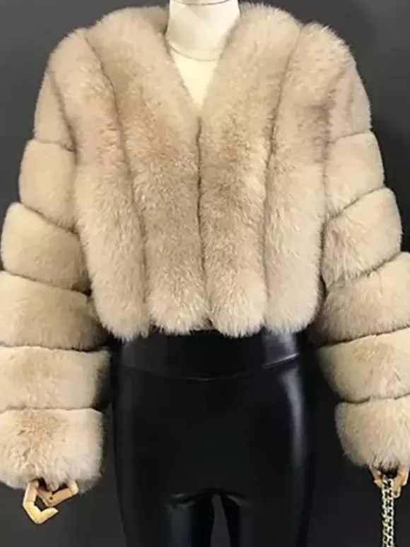 Manteau en fausse fourrure à col en V et manches longues pour femme veste courte en fourrure écologique d'hiver 2026