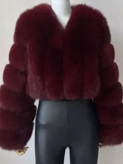 Manteau en fausse fourrure à col en V et manches longues pour femme veste courte en fourrure écologique d'hiver 2026