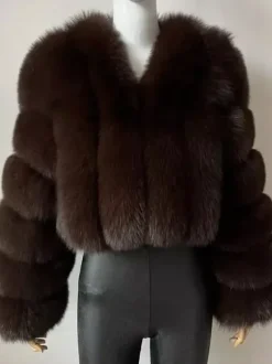 Manteau en fausse fourrure à col en V et manches longues pour femme veste courte en fourrure écologique d'hiver 2026