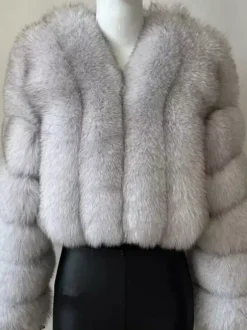 Manteau en fausse fourrure à col en V et manches longues pour femme veste courte en fourrure écologique d'hiver 2026