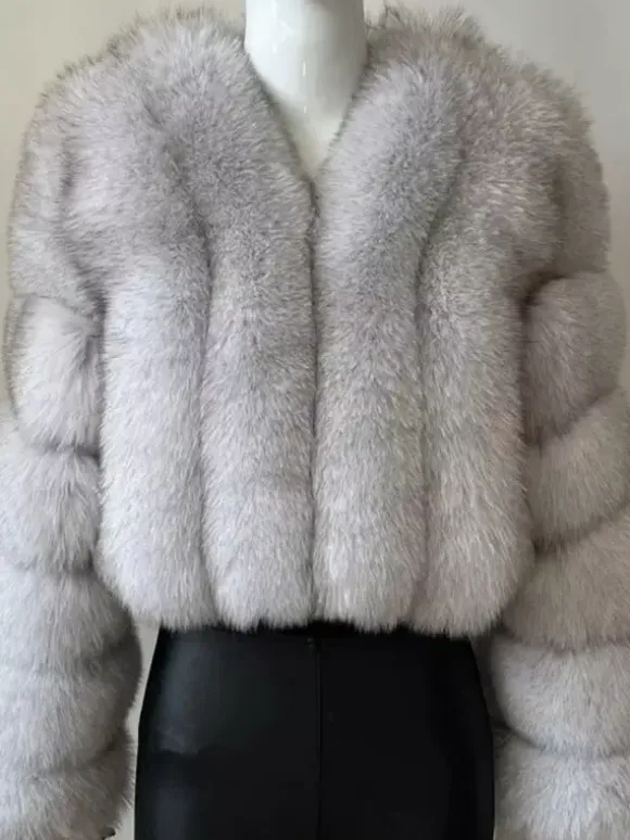 Manteau en fausse fourrure à col en V et manches longues pour femme veste courte en fourrure écologique d'hiver 2026