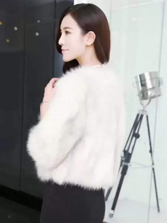 Manteau en Fausse Fourrure Court à Col Rond avec Manches Longues Unicolore Manteau Femme