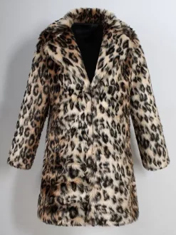 Manteau En Fausse Fourrure Long Léopard Homme Manches Longues Chaud Hiver Col Rabattu Capuche