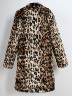 Manteau En Fausse Fourrure Long Léopard Homme Manches Longues Chaud Hiver Col Rabattu Capuche