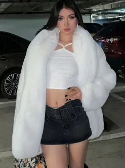 Manteau en fausse fourrure à manches longues pour femme chic surdimensionné col rabattu blanc