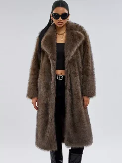 Manteau en fausse fourrure marron foncé col cranté veste longue d'hiver oversize pour femme 2026