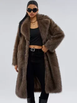 Manteau en fausse fourrure marron foncé col cranté veste longue d'hiver oversize pour femme 2026