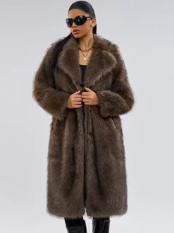 Manteau en fausse fourrure marron foncé col cranté veste longue d'hiver oversize pour femme 2026