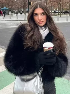 Manteau En Fausse Fourrure Noir Court Sans Taille D'hiver Surdimensionné Femme