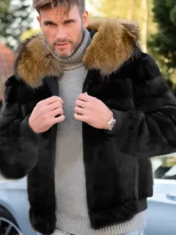 Manteau En Fausse Fourrure Noir Homme Manches Longues Chaud Hiver Col Rabattu Capuche