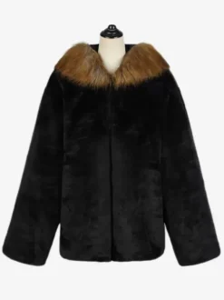 Manteau En Fausse Fourrure Noir Homme Manches Longues Chaud Hiver Col Rabattu Capuche